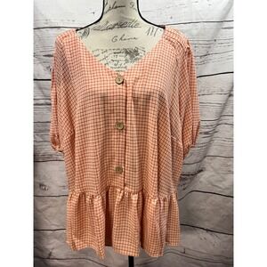 LC Lauren Conrad Womens Plus 3X Orange Gingham Peplum Top Puff Sleeve NWT